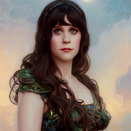 Image similar to portrait of Zooey Deschanel, fantasy, intricate, elegant, highly detailed, digital painting, artstation, concept art, smooth, sharp focus, illustration, art by Artgerm and Greg Rutkowski and Alphonse Mucha