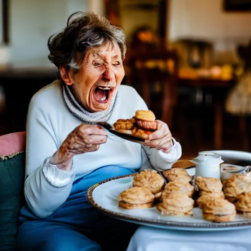 Prompt: elderly woman screaming at a plate of scones, canon eos r 3, f / 1. 4, iso 2 0 0, 1 / 1 6 0 s, 8 k, raw, unedited, symmetrical balance, wide angle