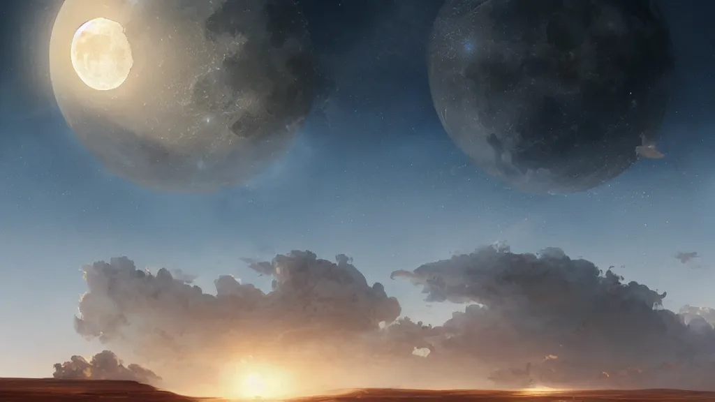 Prompt: The moon crashes into the earth, the desert, the sun's rays through the dust, a shock wave, birds and clouds in the sky, art by Jessica Rossier,