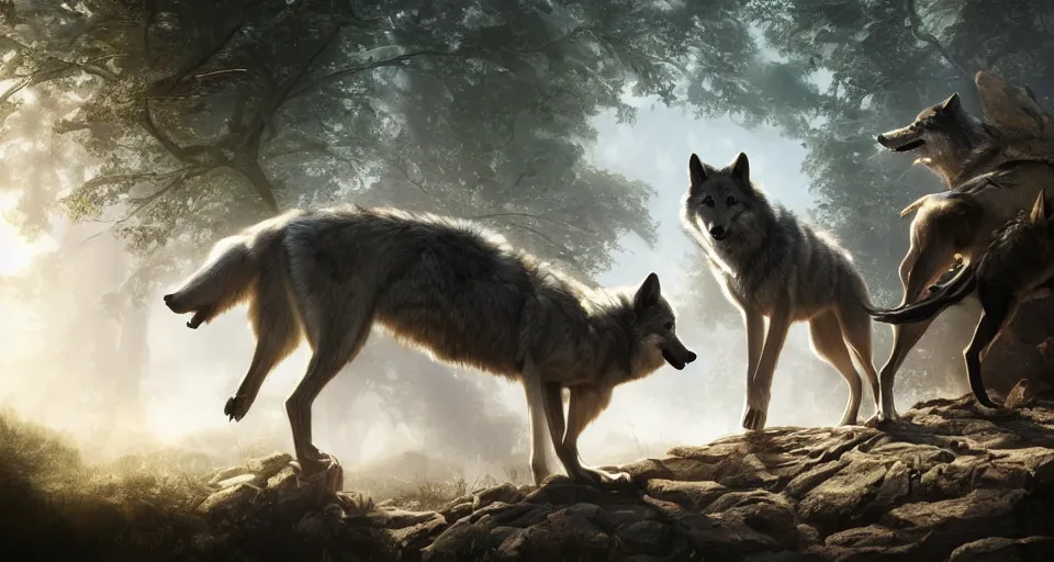 Image similar to wolves and their treasures. fantasy style, ultra realistic, octane render, unreal engine, raytracing, 8 k highly detailed, trending on artstation, illustration, digital painting, highly detailed render by george stubbs