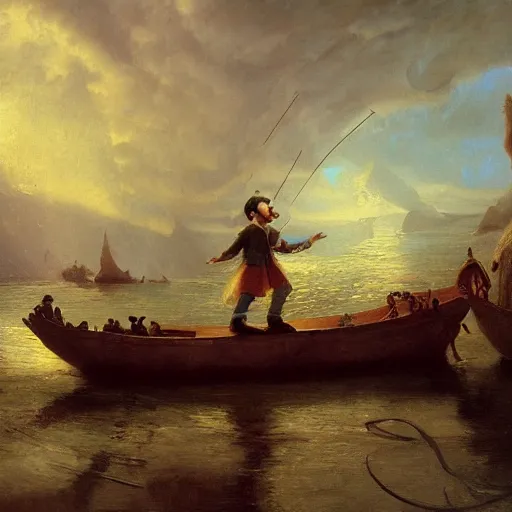 Prompt: a painting of pinnochio in the belly of a whale by andreas achenbach, featured on artstation, fantasy art, matte drawing, matte painting, artstation hq