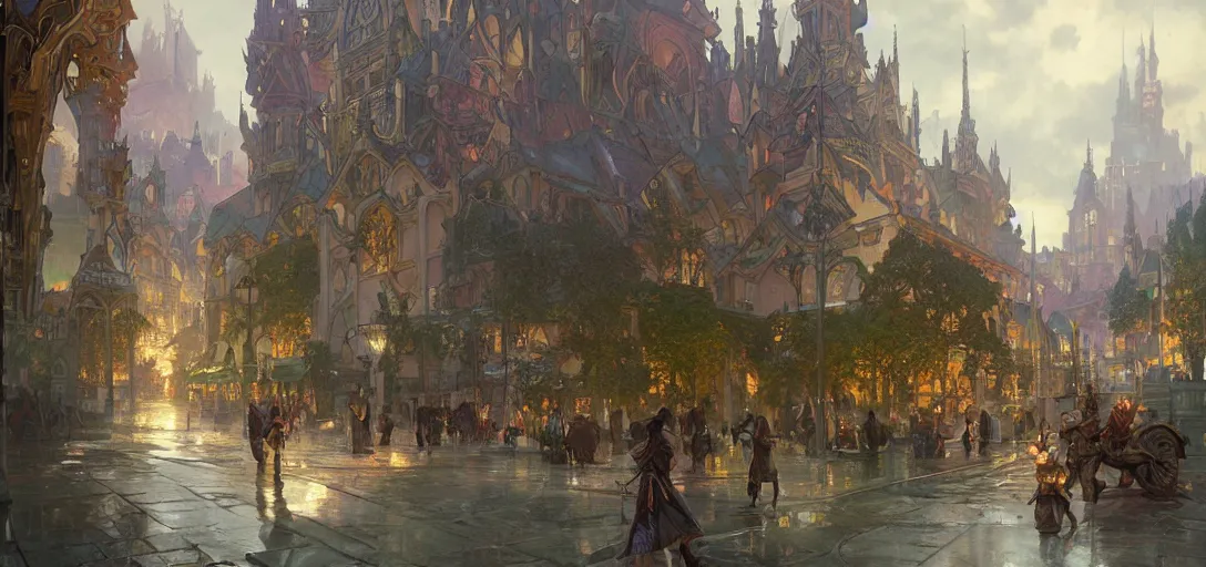 Prompt: the city of eulmore by Stanley Artgerm Lau, greg rutkowski, thomas kindkade, alphonse mucha, loish, norman Rockwel