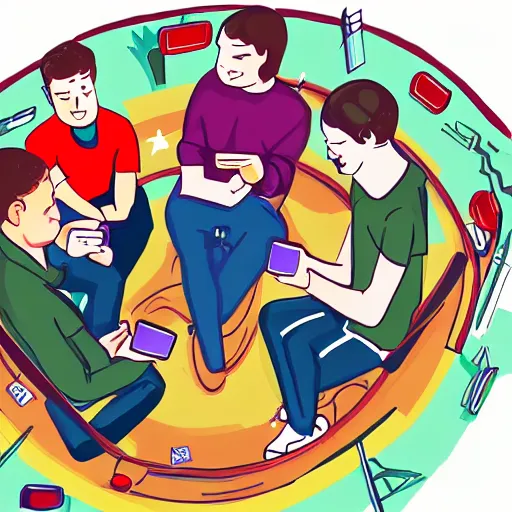 Image similar to a group of adults playing games on their phones while sitting in circle, digital painting, illustration
