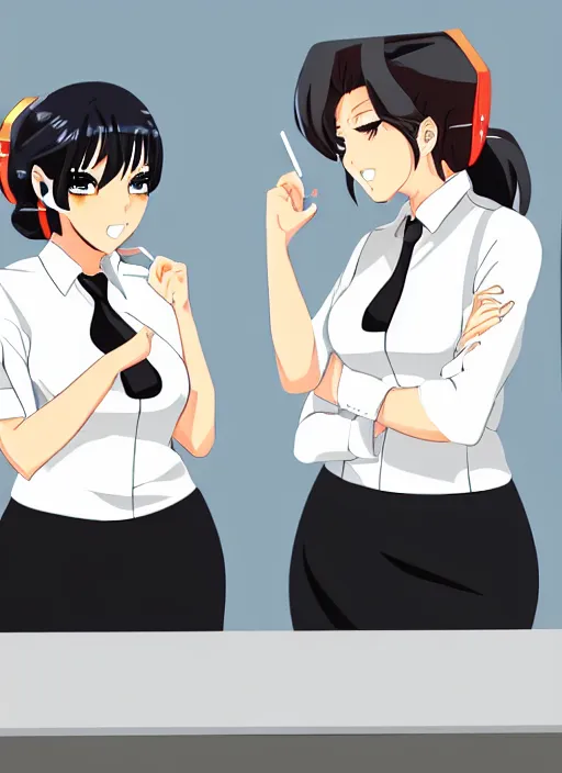 Image similar to two beautiful office ladies talking at work, gorgeous faces, thick lines, cinematic lighting, detailed anime art