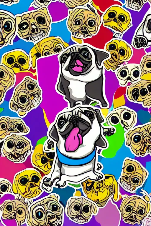 Image similar to Pug as a evil killer, sticker, colorful, illustration, highly detailed, simple, smooth and clean vector curves, no jagged lines, vector art, smooth