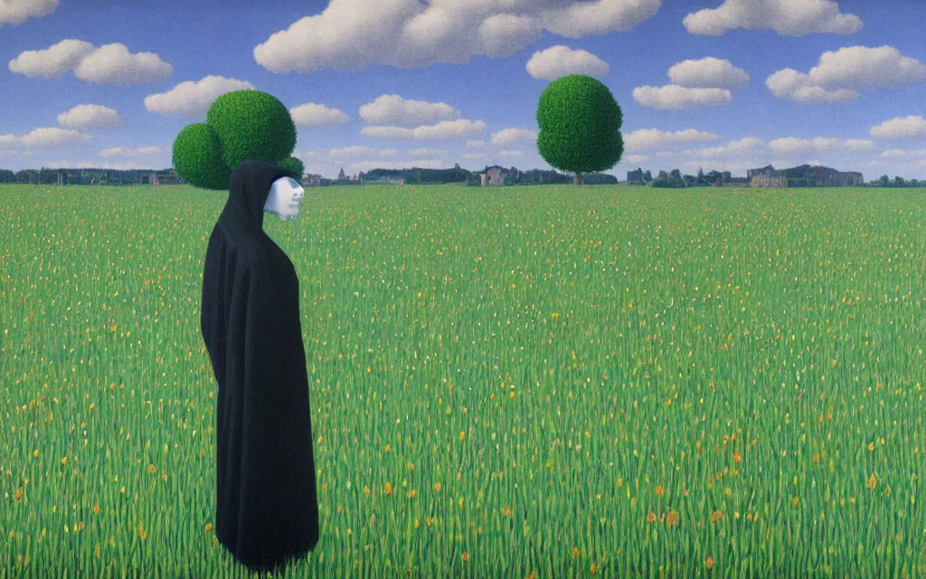 Image similar to grim reaper looking at you in distance in beautiful meadow of flowers, detailed painting by rene magritte