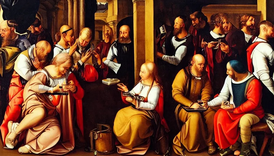 Image similar to people using smartphones!!, renaissance painting, oil painting, hyperdetailed