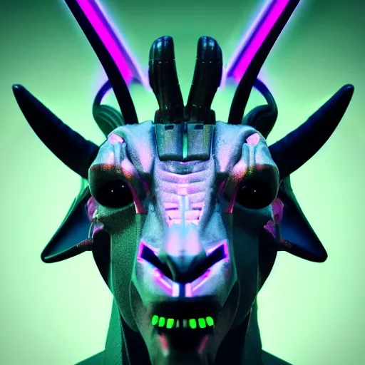 Prompt: synthwave demonic cyborg goat face with neon horns, detailed face, sharp focus, synthwave art, aesthetic, octane render, raw, cinematic