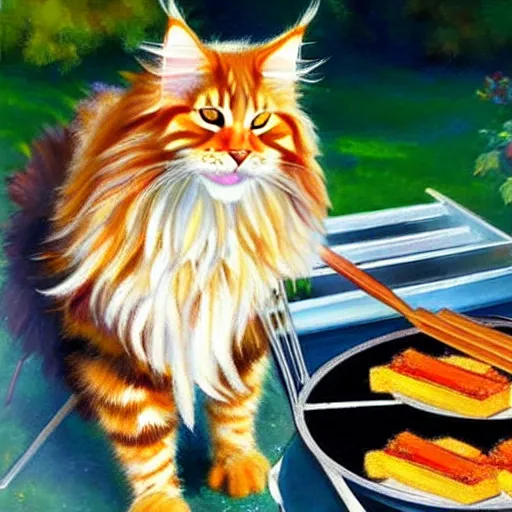 Image similar to beautiful impressionist painting of an ginger maine coon with a white beard cooking a bbq outside