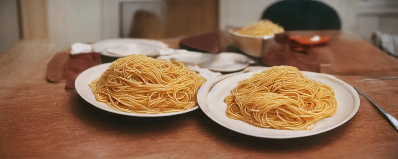 Image similar to one single bowl of spaghetti, beautifully garnished on a kitchen table, minimal, sharply focused, canon 5 0 mm, wes anderson film, kodachrome