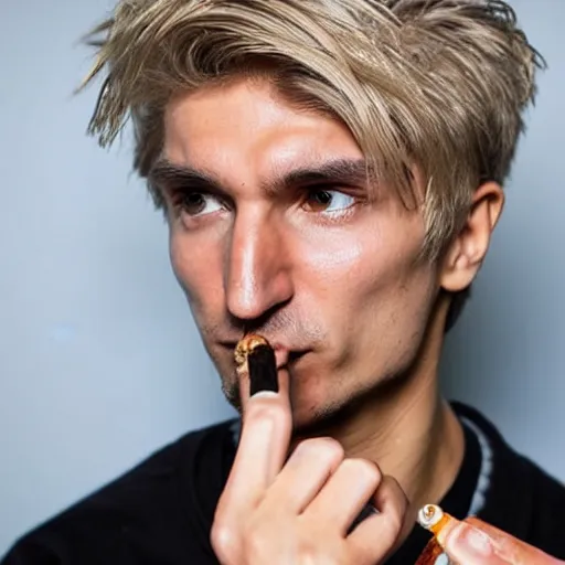 Image similar to a closeup photo of handsome gigachad xqc smoking a cigar