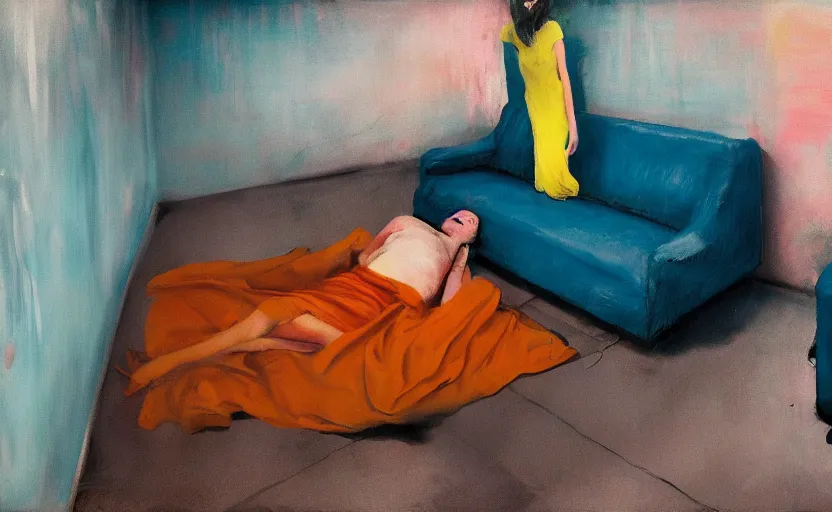 Prompt: abandoned lovers collapsed in a the void metro, couches melting, Adrian Ghenie, 8k, Peter Doig, style of Edward Hopper, Todd Hido, Jenny Saville, colors of Mark Rothko