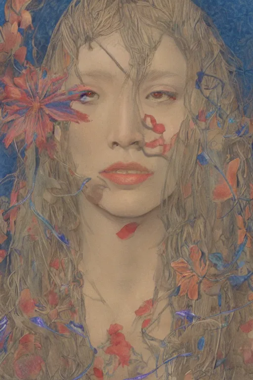 Image similar to portrait of beautiful young mainem, warhammer, japanic style, cyberpunk, a lot of scars, more and more flowers, blue head, the middle ages, highly detailed, artstation, illustration, art by jean delville, 8 k quality