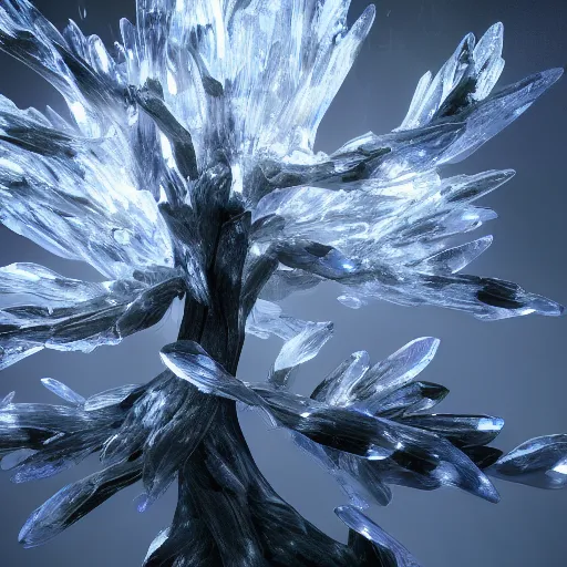 Image similar to crystal tree splash, closeup, extremely gloomy lighting, shining light and shadow, atmospheric, cinematic, unreal Engine, trending artstation hyperdetailed 8K