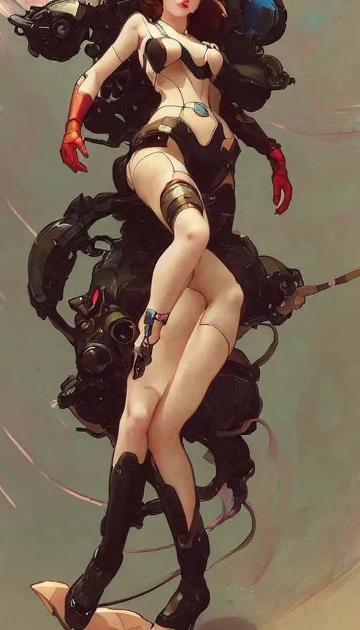 Image similar to d. va in a cute pinup pose by artgerm, greg rutkowski and alphonse mucha, concept art, matte, intricate, full body, epic composition