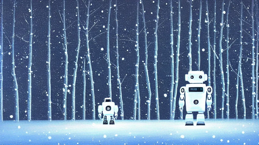 Prompt: a small glossy white cybernetic robot stands on the snowy ground in a forest of white fir trees at night. a!!! spaceship!!! is next to the robot. snowing. cyril roland naomi okubo. trending on artstation. digital painting.
