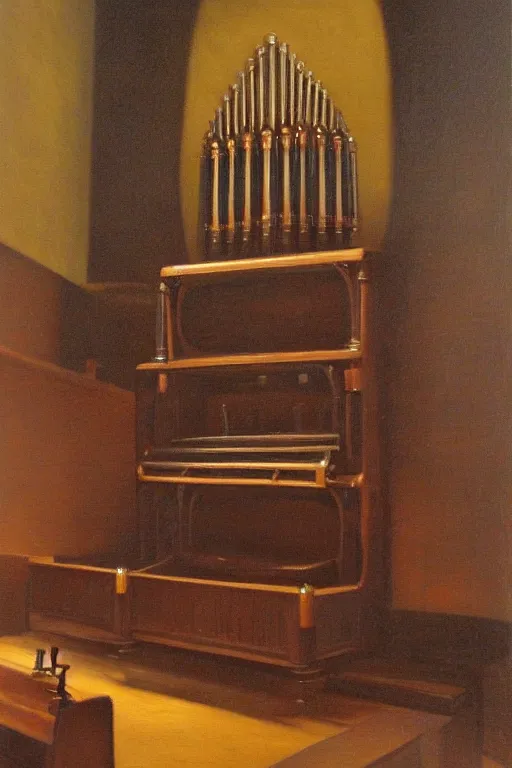 Prompt: pipe organ console with dark smoke, detailed oil painting by grant wood, diesel gothic