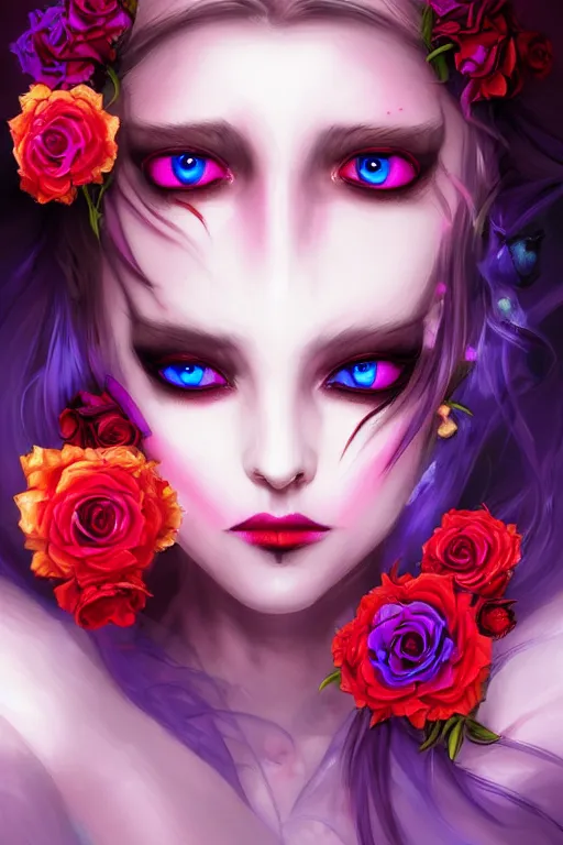 Image similar to portrait of a vampire , fantasy, gradient violet red cyan, dreamy and ethereal, orange eyes, black sclera, golden ratio, peaceful expression, ornate frilly dress, fantasy, intricate, elegant, rainbow spikes, red roses, highly detailed, digital painting, artstation, concept art, smooth,b sharp focus, illustration, art by artgerm and greg rutkowski and alphonse mucha