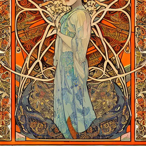 Prompt: ethereal nightingale bird made of fabric, Alphonse Mucha,Ganbrood William Morris,delicate,textured,ornate, complex detailed illustration,swirling,octane render,intricate detail,orange blue gold