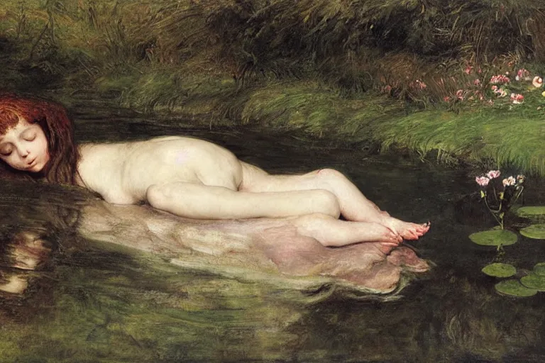 Prompt: sad portrait of a guinea pig drowned, floating in a river full of high green grass and fine flowers with closed eyes, wearing a nicely crafted antique dress, by sir john everett millais, photorealistic, hyperdetailed, ethereal, masterpiece, oil painting