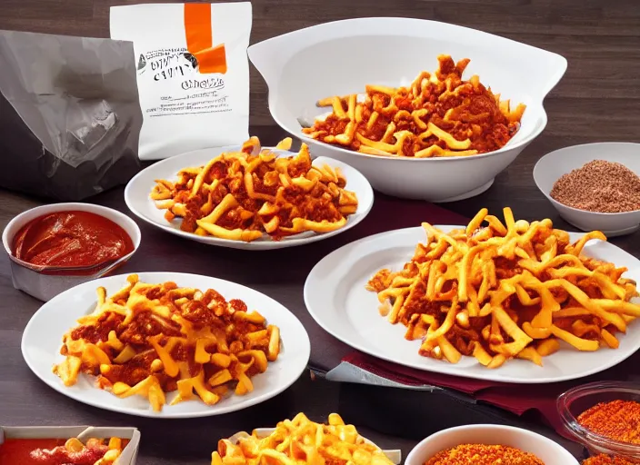 Image similar to qvc tv show product showcase pile of nasty chili cheese fries, chunky fat sales men, studio lighting, limited time offer, call now, extremely detailed, horror, 4 k, hd