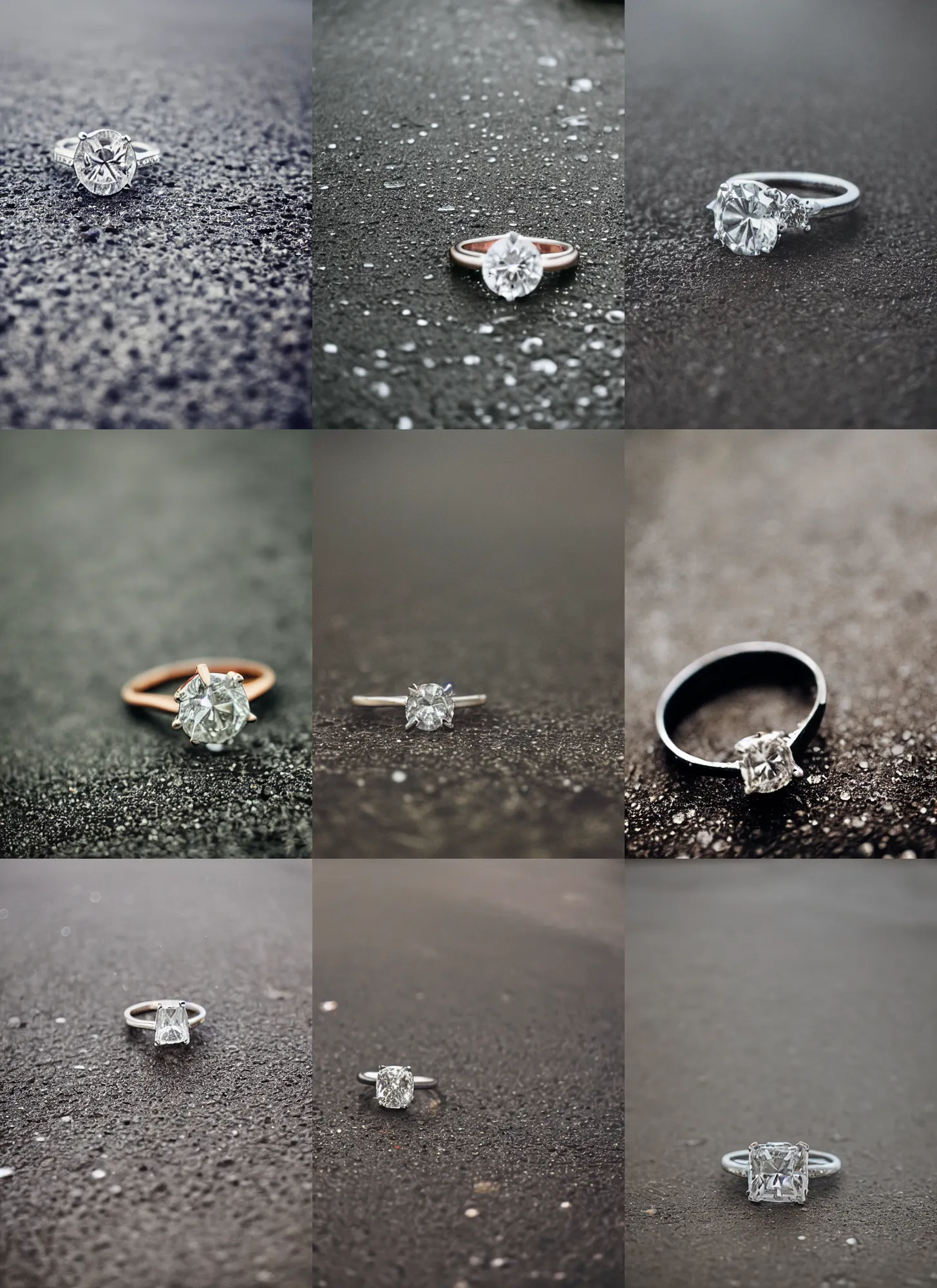 Prompt: medium format film close up of an engagement ring on the pavement in a rainy day, hasselblad film bokeh, unsplash, soft light photographed on colour expired film