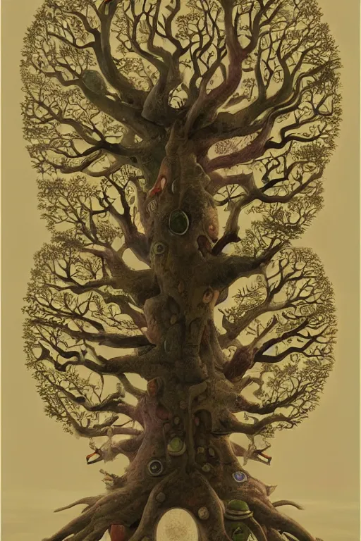 Image similar to Yggdrasil the tree of life by Shaun Tan and Hiroshi Yoshida, trending on artstation