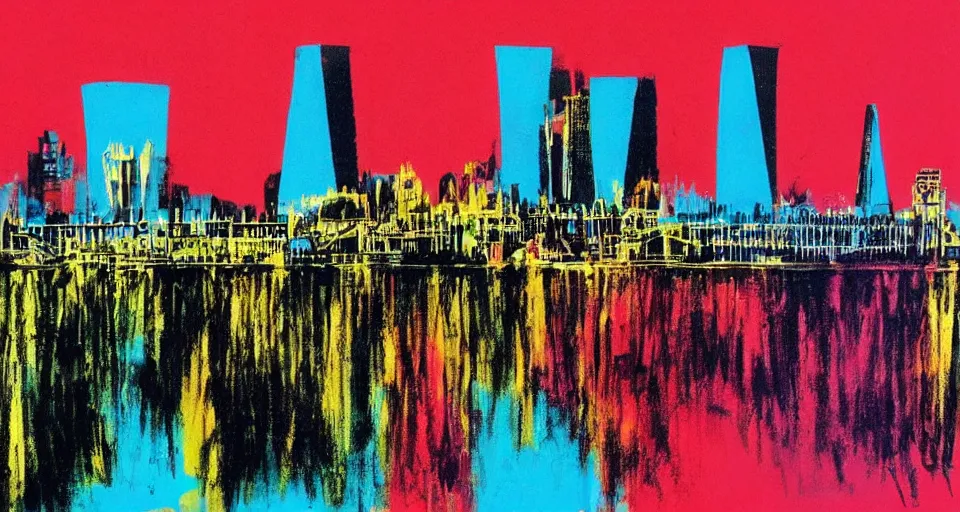Prompt: color sketch of the london skyline, highly detailed, dramatic lighting, intense shadows, rich deep colours, by andy warhol