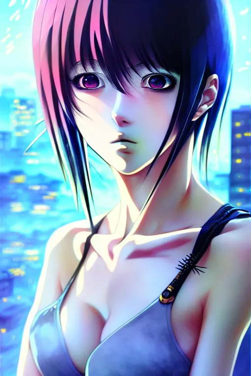 Image similar to ”ultra realistic, beautiful anime woman, modern, cyberpunk, intricate, elegant, super highly detailed, professional digital painting, artstation, concept art, smooth, sharp focus, no blur, no dof, extreme illustration, 8k resolution, beautiful, cinematic, art by artgerm and hayao miyazaki and eiichiro oda”