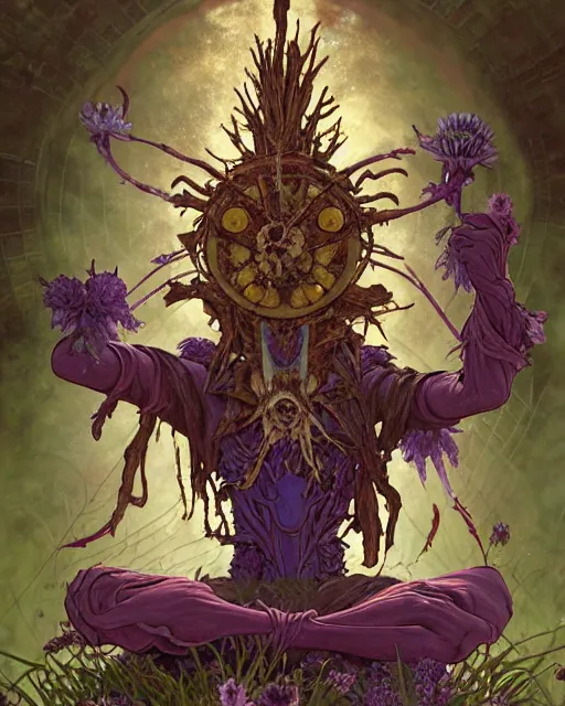 Prompt: the platonic ideal of flowers, rotting, insects and praying of cletus kasady carnage thanos davinci nazgul wild hunt chtulu mandala ponyo botw bioshock, d & d, fantasy, ego death, decay, dmt, psilocybin, concept art by randy vargas and greg rutkowski and ruan jia and alphonse mucha