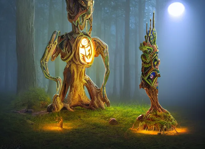 Image similar to strange surrealist detailed druidic totem alien electronic and acoustic musical-instruments!! with blinking LEDs, backlit fog, designed by Larry Elmore Kerlaft and Pixar and Michael Whelan, photorealistic, 3d render, award winning render, unreal engine, octane render, studio lighting, 8k, hd