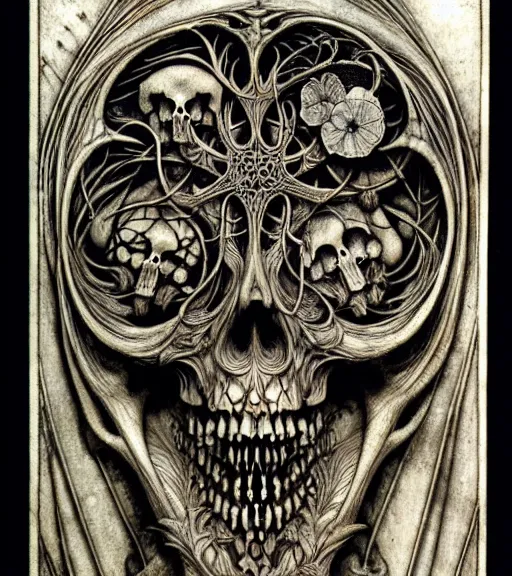 Image similar to memento mori by arthur rackham, art forms of nature by ernst haeckel, exquisitely detailed, art nouveau, gothic, ornately carved beautiful skull dominant, intricately carved antique bone, art nouveau botanicals, ornamental bone carvings, art forms of nature by ernst haeckel, horizontal symmetry, arthur rackham, ernst haeckel