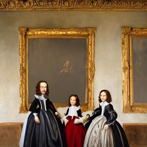 Image similar to super quality family portrait in the main room of the castle painted in 1 6 5 6, dark room, one point of light coming through the back door inspired by las meninas, clear spaces between each subject and good detail and realistic eyes, faces for each person in the canva, inspired by diego velasquez baroque style