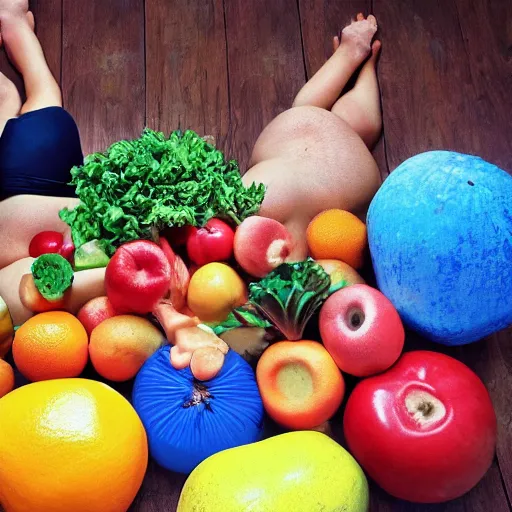 Image similar to a photo of fat men in swimsuits wrestling giant fruit and vegetables squashed and juicy all over the floor.