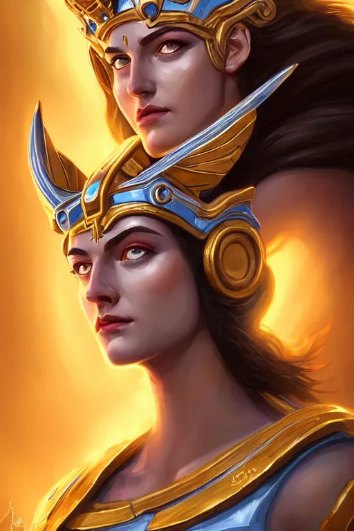 Image similar to The Godess Hera looking angry, detailed armor, portrait radiating a glowing aura, highly detailed, digital painting, artstation, concept art, smooth, sharp focus, beautiful face, symmetric face, enchanted, official fanart, behance, HD, blue and yellow theme, by Lois van baarle and Ross Tran