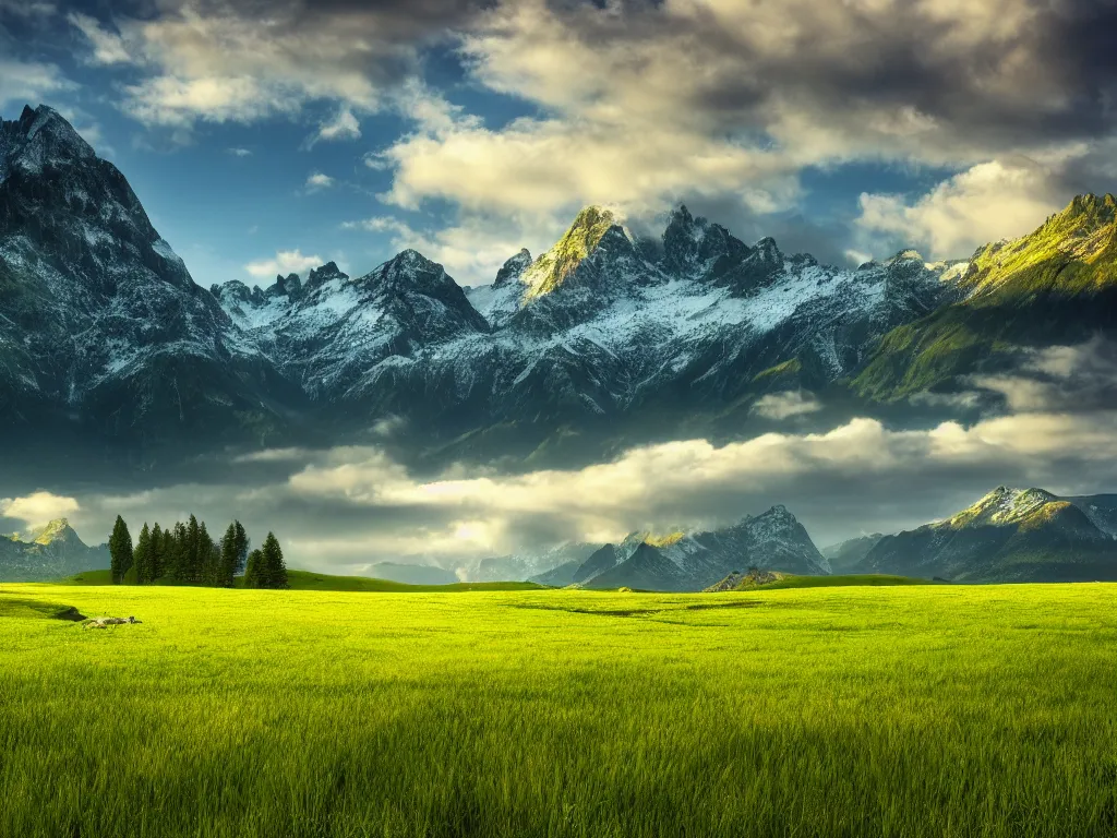 Image similar to windows bliss wallpaper, green field, hdr, 4 k, 8 k, professional photograph, color corrected, sharp focus, mountains in background, by marc adamus