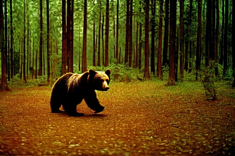 Image similar to a movie still of a bear in a forest by walerian borowczyk, immoral tales, grain, technicolor, high definition, remastered, wide angle, 7 0 mm, wide shot, cinematic