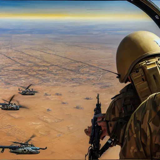 Prompt: a painting of a deploying soldier from a helicopter in the gulf war by Bernardo Bellotto, high detail, hyperrealistic, concept art, artstation, 8k