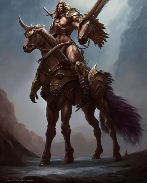 Image similar to centaur centaur centaur :: Paladin, fearsome, beautiful, DnD character art portrait, male centaur centaur chimera, plate armor, matte fantasy painting, DeviantArt Artstation, by Jason Felix by Steve Argyle by Tyler Jacobson by Peter Mohrbacher, cinematic lighting.