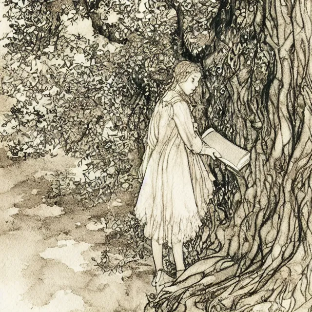 Image similar to a detailed, intricate watercolor and ink portrait illustration with fine lines of young 1 4 year old scarlett johannson happily reading under a tree, by arthur rackham and edmund dulac and lisbeth zwerger