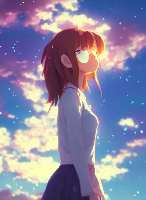 prompthunt: profile portrait of most beautiful anime woman ,detailed  eyes,look up to the stars ,happy sunshine dazzling ,gorgeous side view  ,kawaii,low angle shot