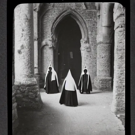 Image similar to - Early black and white photograph of robed figures with tall pointed hats inside a castle, creepy, 8mm