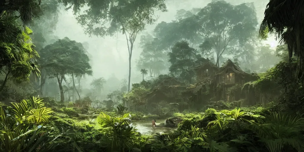 Image similar to high contrast render of a village hidden in the jungle by greg rutkowski, octane render, 8 k, artstation