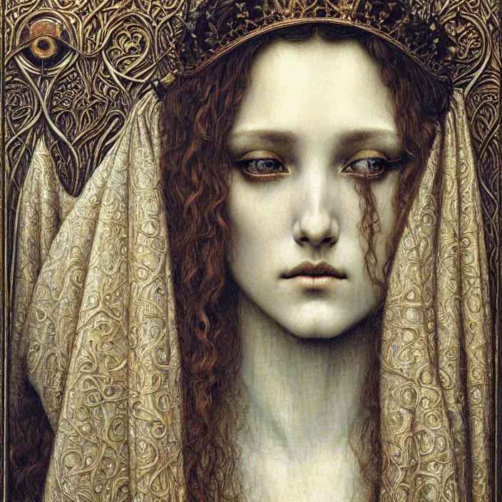 Image similar to detailed realistic beautiful young medieval queen face portrait by jean delville, gustave dore and marco mazzoni, art nouveau, symbolist, visionary, gothic, pre - raphaelite. horizontal symmetry