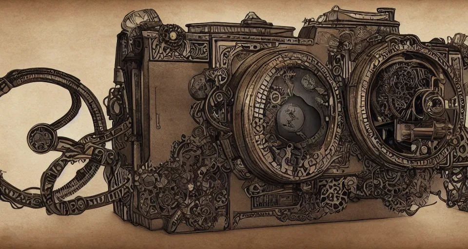 Image similar to A beautiful artwork illustration, extremely detailed and advanced steampunk-themed camera , featured on artstation, wide angle, horizontal orientation