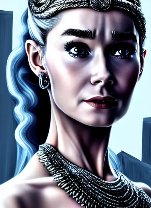 Image similar to photo of audrey hepburn as daenerys targaryen in the style of stefan kostic, realistic, half body shot, sharp focus, 8 k high definition, insanely detailed, intricate, elegant, art by stanley lau and artgerm, cyberpunk city backgeound