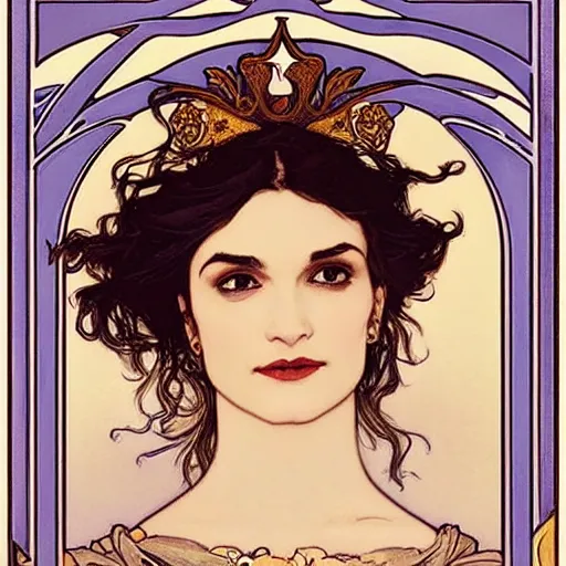 Image similar to rachel weisz portrait by louis - theophile hingre and alphonse mucha, realistic, sharp focus, zodiac signs, tarot cards, planets, ethereal, art nouveau, magic, moon, sun, crown, dreamy, royal, jewellery