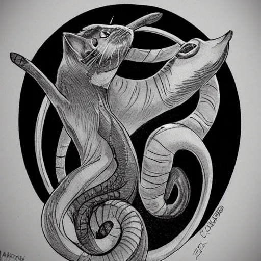 Image similar to one cat biting it's tail, Ouroboros, circle 0f life, tattoo design, designed by Iain McCaig