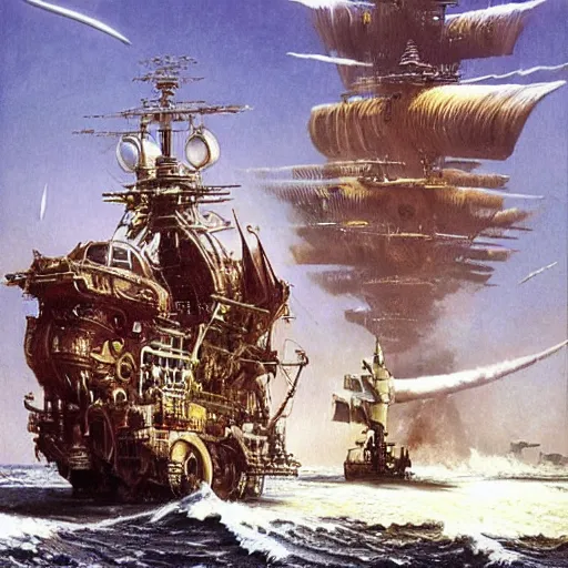 Prompt: realistic illustration retrofuturistic dieselpunk pirate ship exploration survey sci-fi peter elson, john berkey