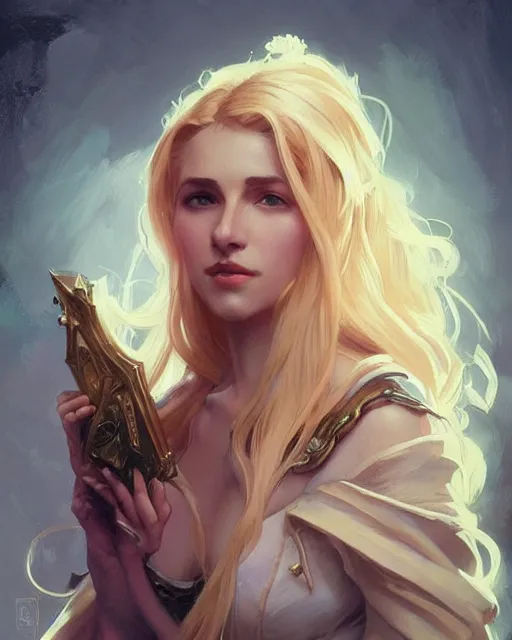 Image similar to '' Portrait of Beautiful blonde Slavic woman in her early 30’s, league of legends, LOL, fantasy, d&d, digital painting, artstation, concept art, sharp focus, illustration, art by greg rutkowski and alphonse mucha ''